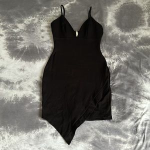 gLARE black bodycon dress asymmetrical spaghetti strap